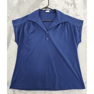Vintage Mardi Modes Cap Sleeve Collar Polo Shirt Size 16 Blue Stretch Pleated